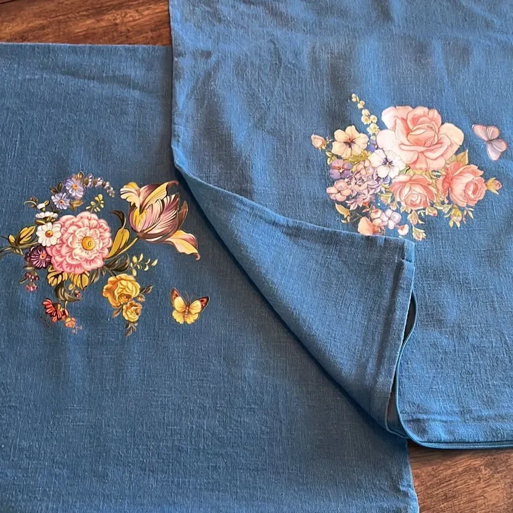 IKEA Blue Upcycled Pillow Covers w/ Floral Transfers w/ Zipper Closure- 2 pcs.